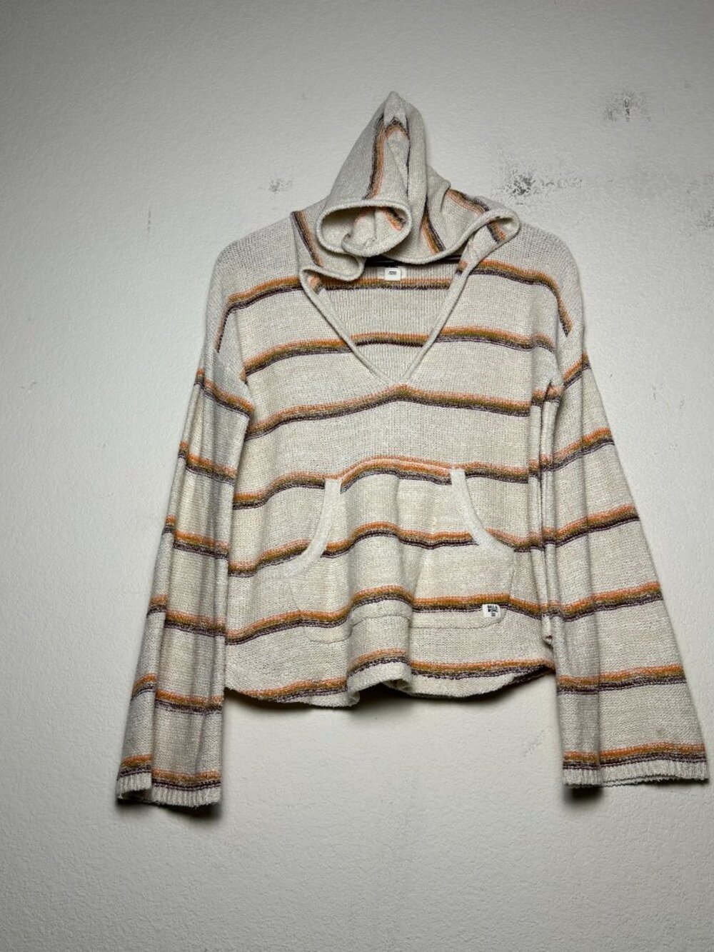 Y2K Billabong Hoodie Women S Beige Striped Orange Boho Pullover Flared Sleeve